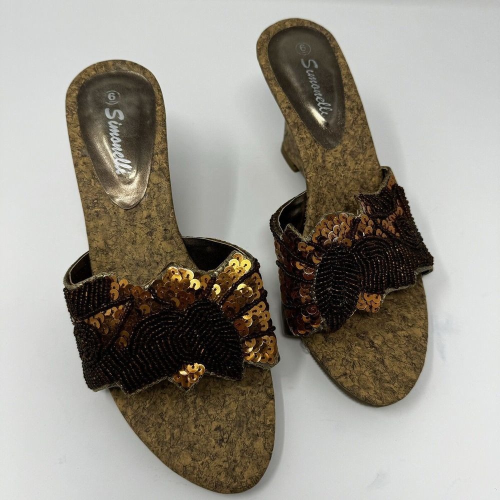 VTG Simonelli Women's Sandal Size 6‎ Bronze Sequence Beaded Wedge 3.5" Heel